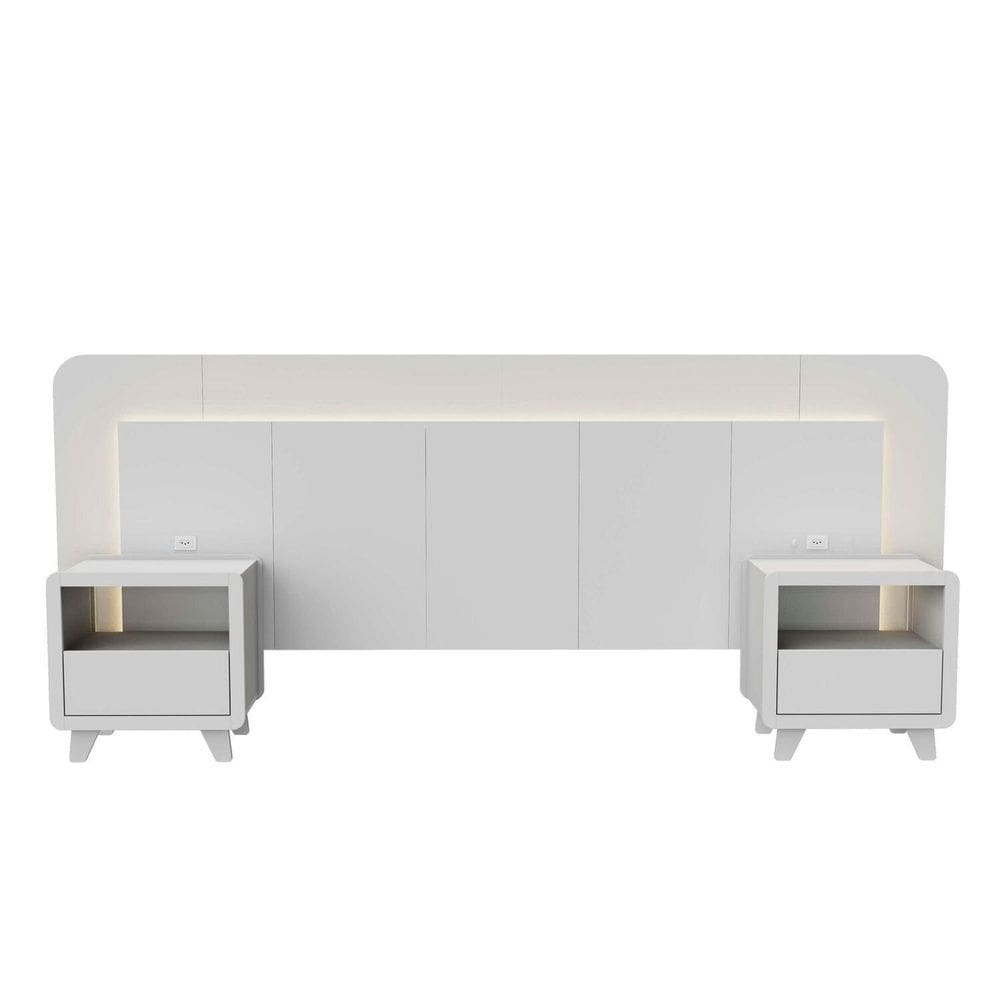 Cabeceira Casal Queen com 2 Mesas de Cabeceira Led 3000k e Tomadas 100% Mdf Mabel Branco