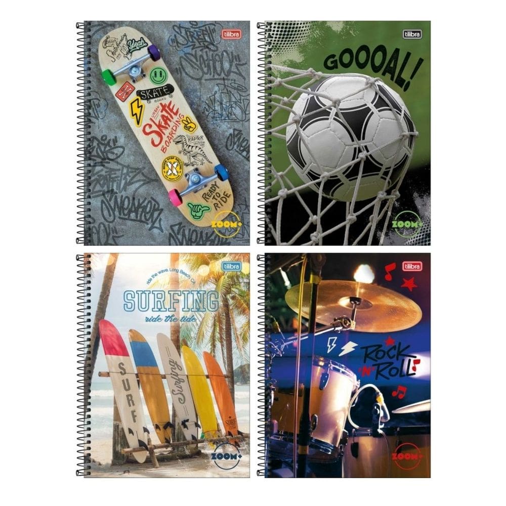 Kit com 4 Cadernos Universitário Espiral Tilibra com 96 Folhas Pautadas Zoom Masculino Escolar