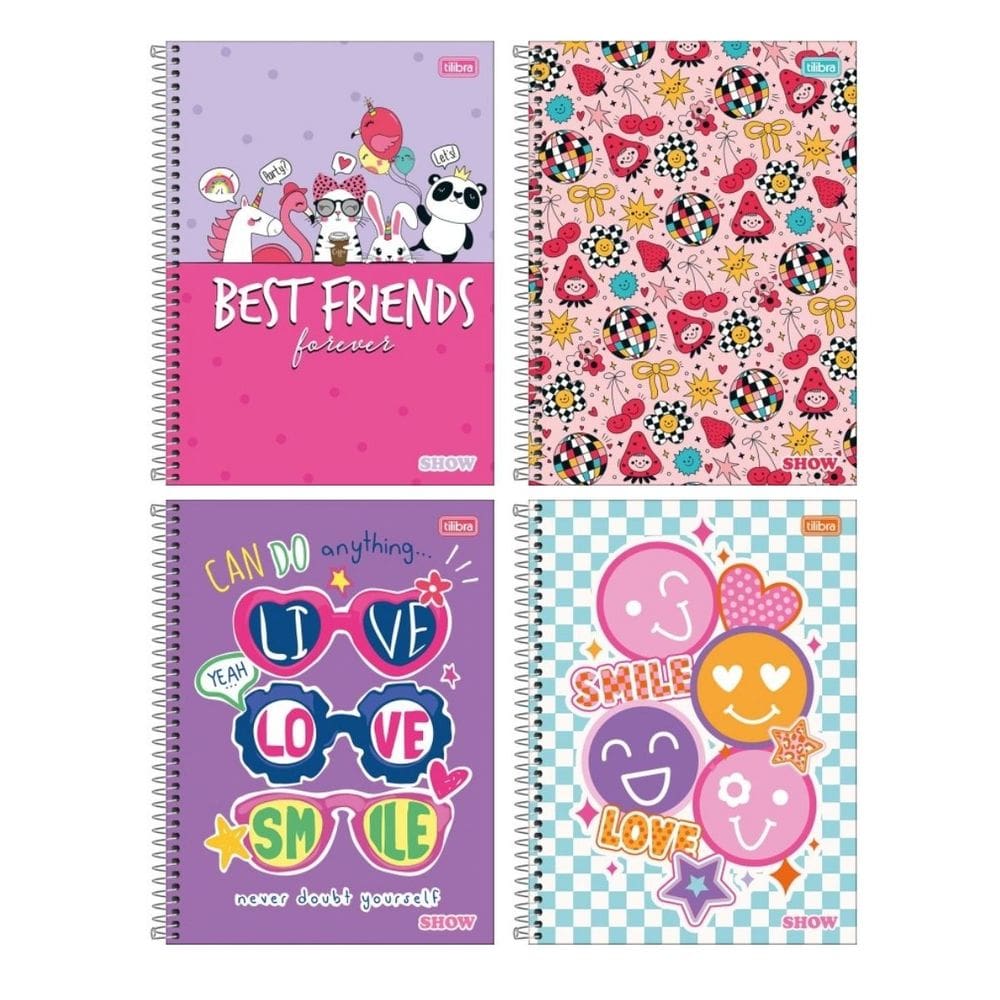 Kit com 4 Cadernos Universitário Espiral Tilibra com 80 Folhas Pautadas Show Feminino Escolar Aula