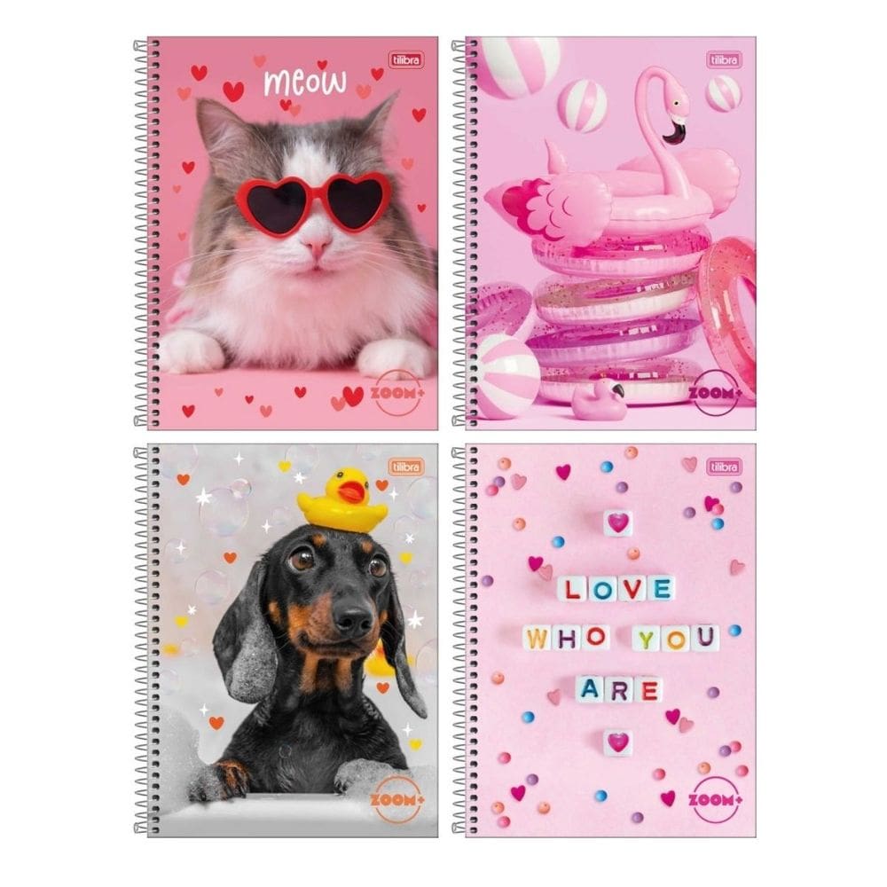 Kit com 4 Cadernos Universitário Espiral Tilibra com 96 Folhas Pautadas Zoom Feminino Aula Escolar
