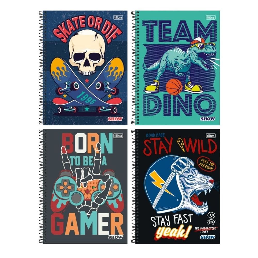Kit com 4 Cadernos Universitário Espiral Tilibra com 80 Folhas Pautadas Show Masculino Escolar Aula