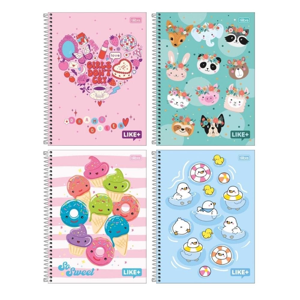 Kit com 4 Cadernos Universitário Espiral Tilibra com 96 Folhas Pautadas Like Feminino Escolar Aula