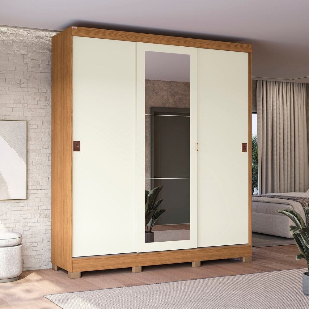 Guarda-roupa Casal 3 Portas com Espelho Móveis Kappesberg Canela/Off White