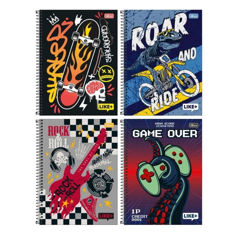 Kit com 4 Cadernos Universitário Espiral Tilibra com 96 Folhas Pautadas Like Masculino Escolar Aula