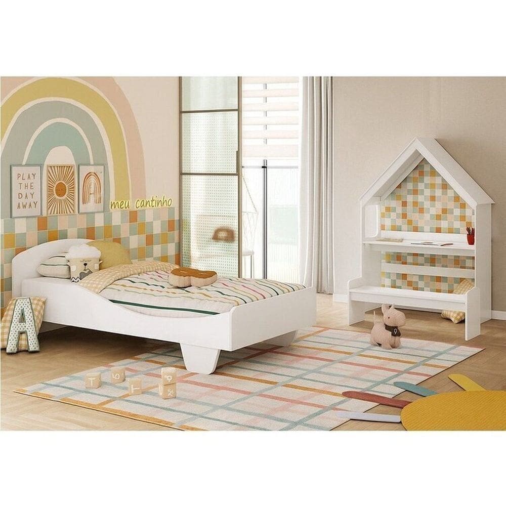 Quarto Infantil com Cama Mesa Casinha e Banco Olívia 100% MDF Espresso Móveis Branco Brilho