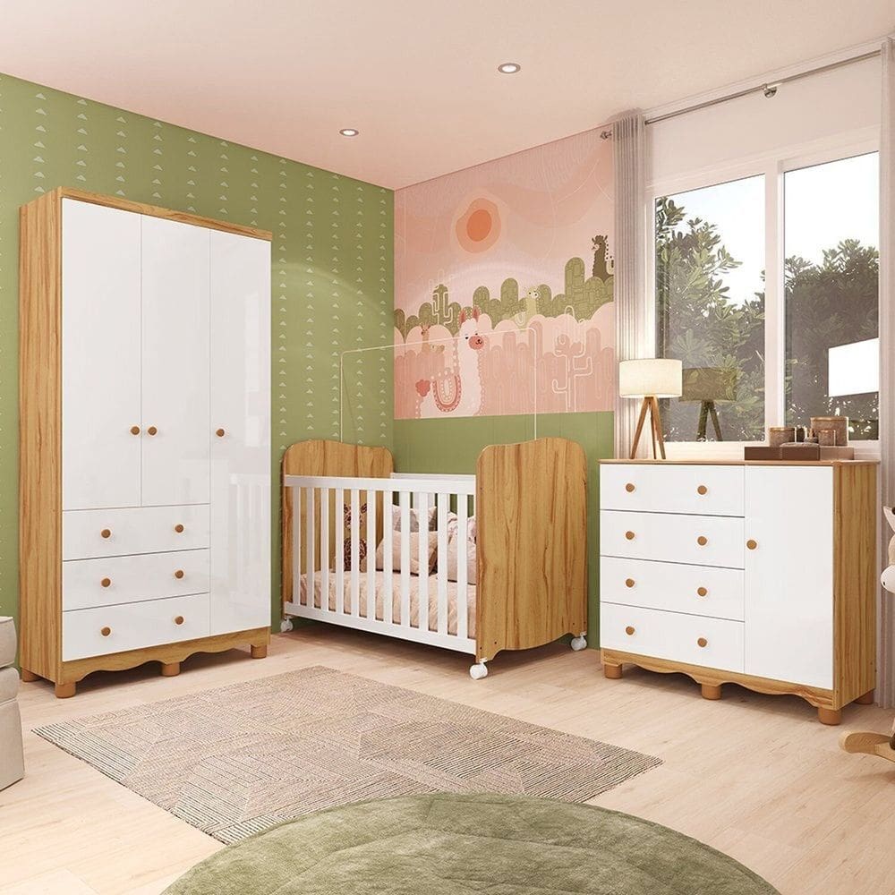 Quarto de Bebê Completo com Guarda-roupa 3 Portas Cômoda e Berço 100% Mdf Mimo Espresso Móveis Branco Brilho/Amêndoa