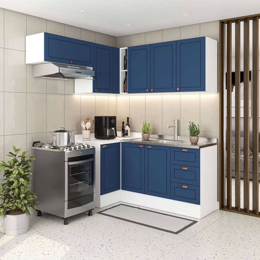 Cozinha 5 Peças com Rodapé Pérola Yescasa Azul/Branco