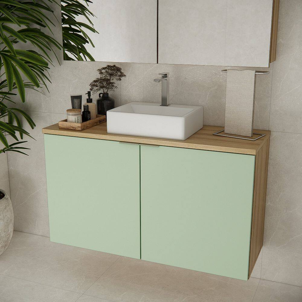 Gabinete de Banheiro com Cuba 110cm X 65cm Marrom Carvalho / Verde