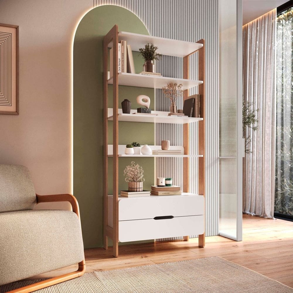 Estante com 2 Gavetas 100% Mdf Elvis Branco/ Castanho