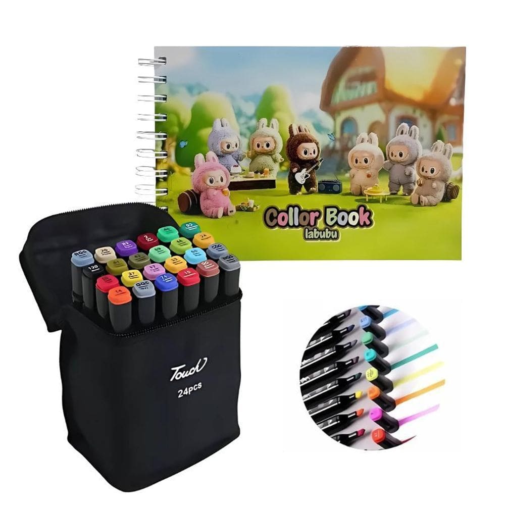 Livro Labubu + Kit Com 24 Canetinhas Para Colorir