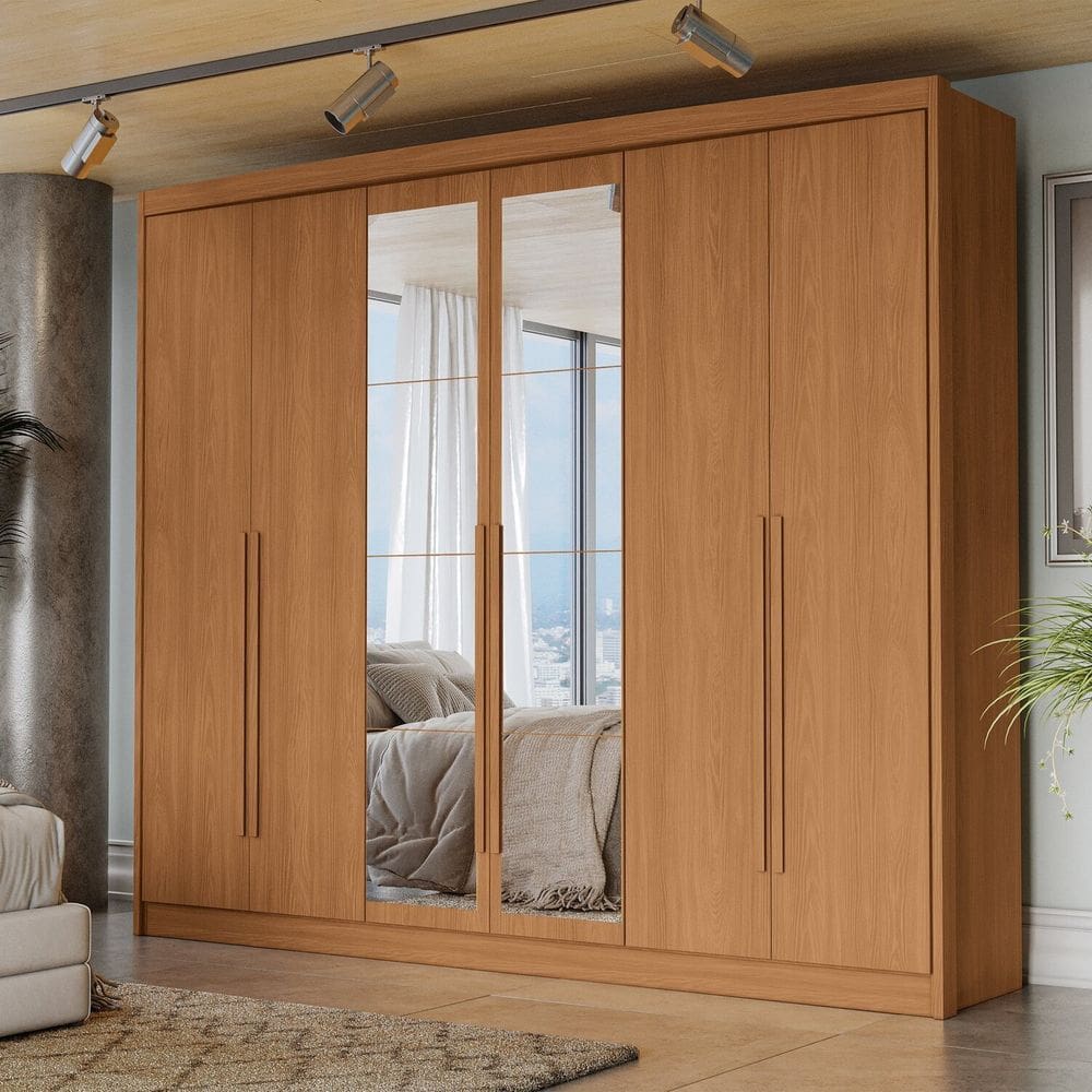 Guarda-roupa Casal 6 Portas com Espelho Dormitório Open Canela