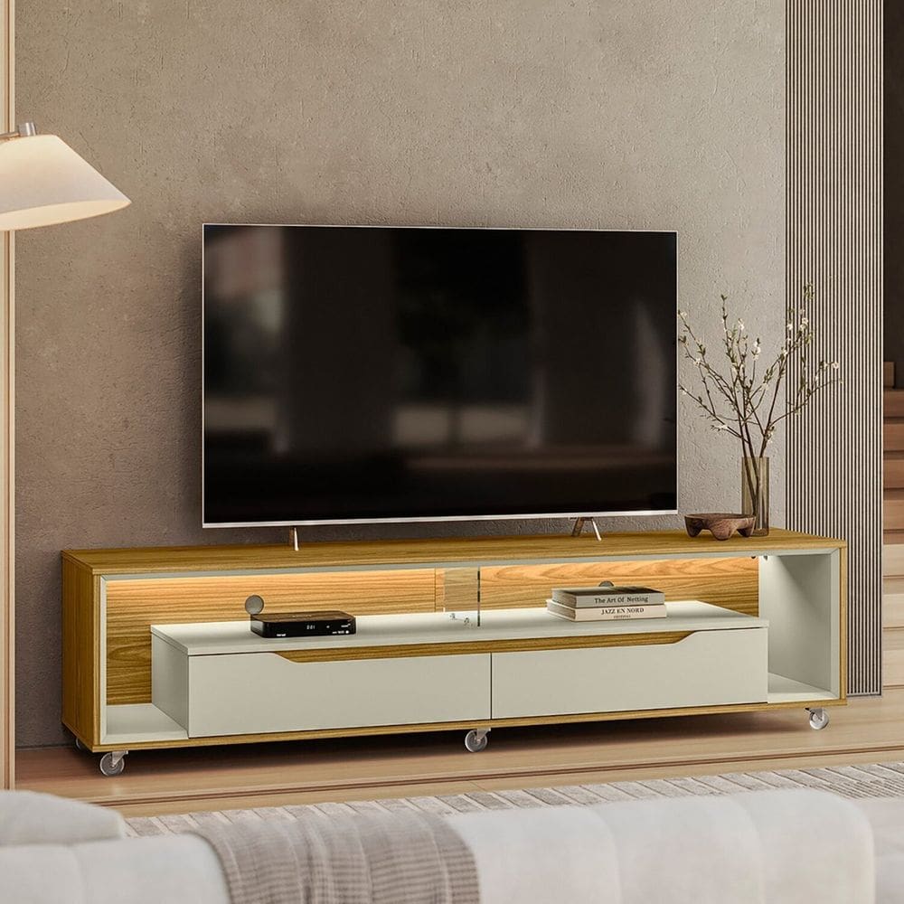 Rack para Tv 65 Polegadas com Led e Rodízios 175cm Contemporâneo Loop Freijo/ Off White