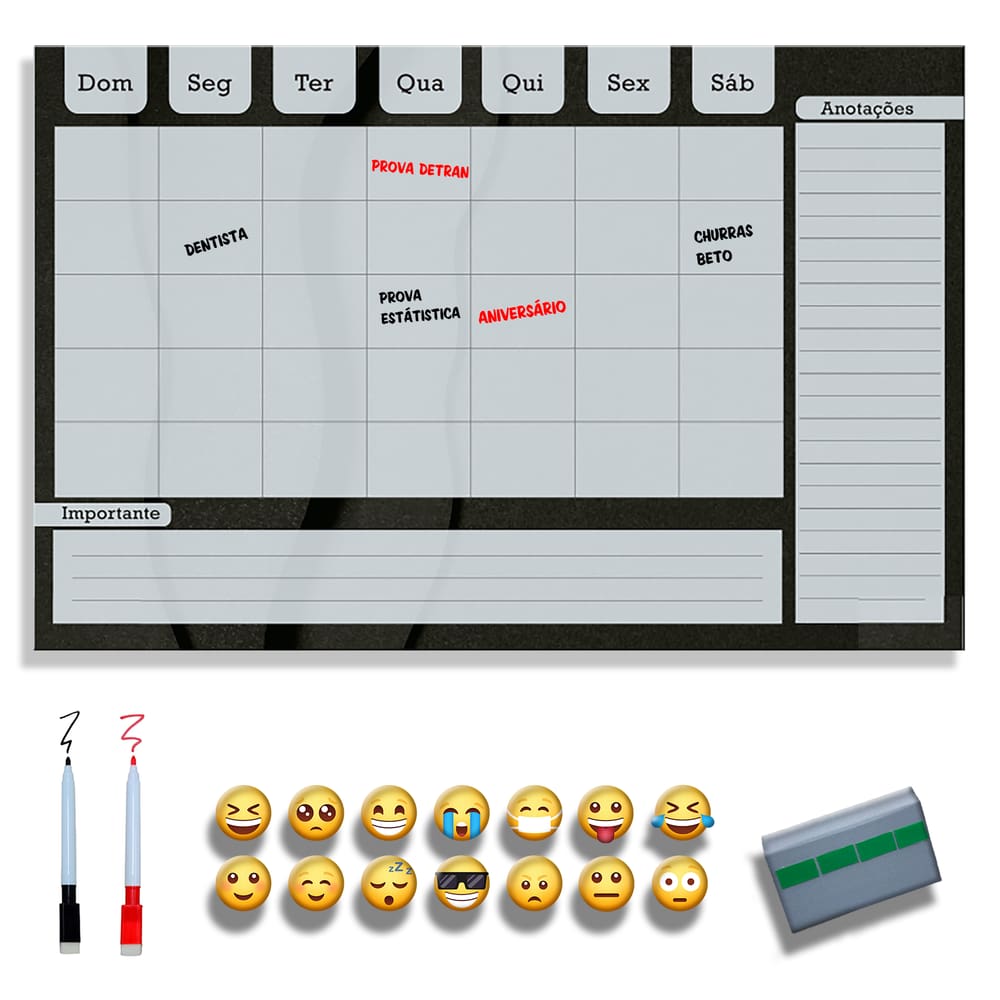 Quadro Planejamento Mensal - Planejador Semanal - Planner Planejamento com 2 Canetas e 12 Imãs