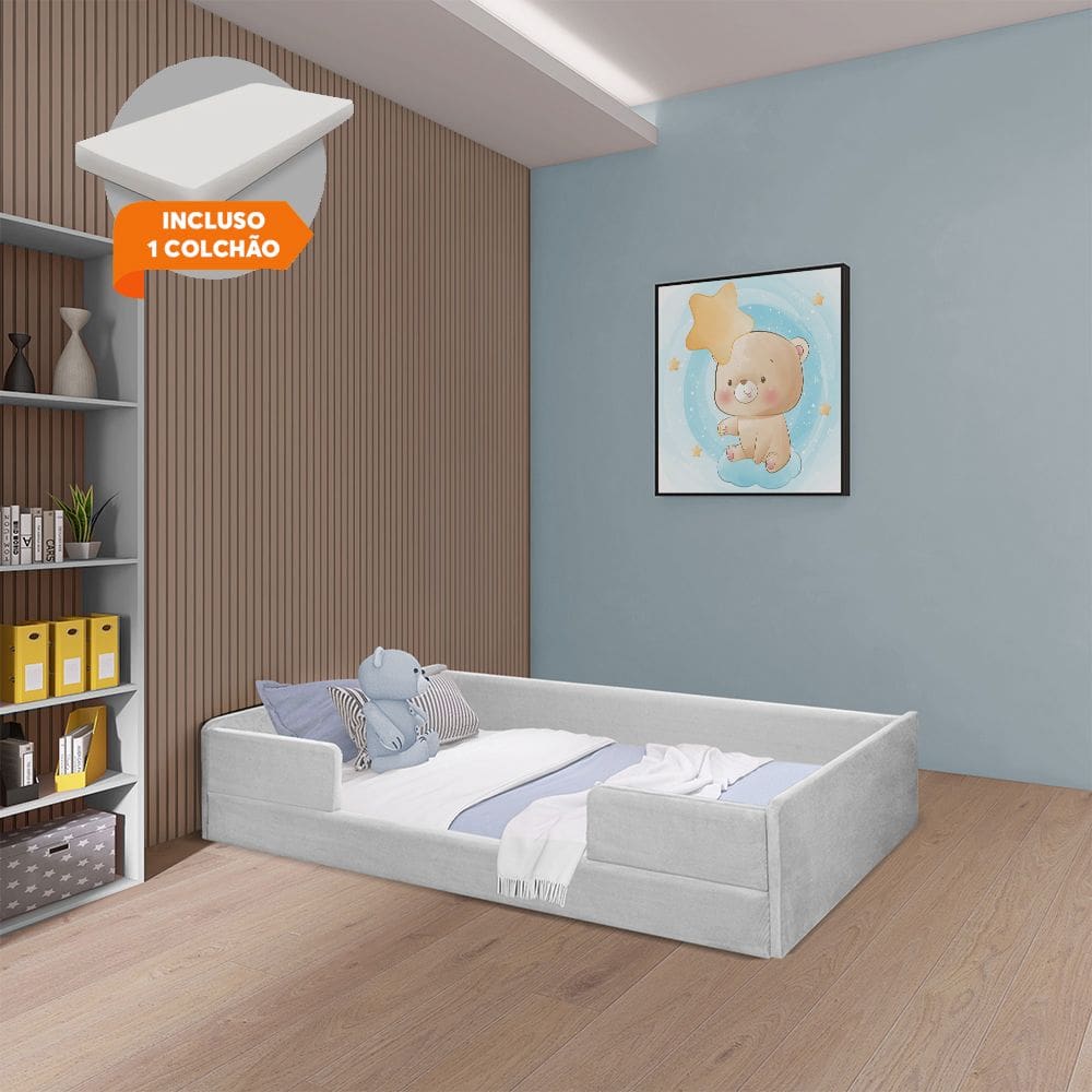 Cama Montessoriana Infantil com Colchão em Madeira Maciça com Revestimento em Tecido Luana Cinza