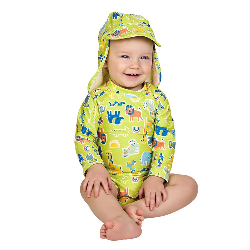 Macaquinho Praia Bebê com Boné Proteção UV Safari Verde Limão Kamylus