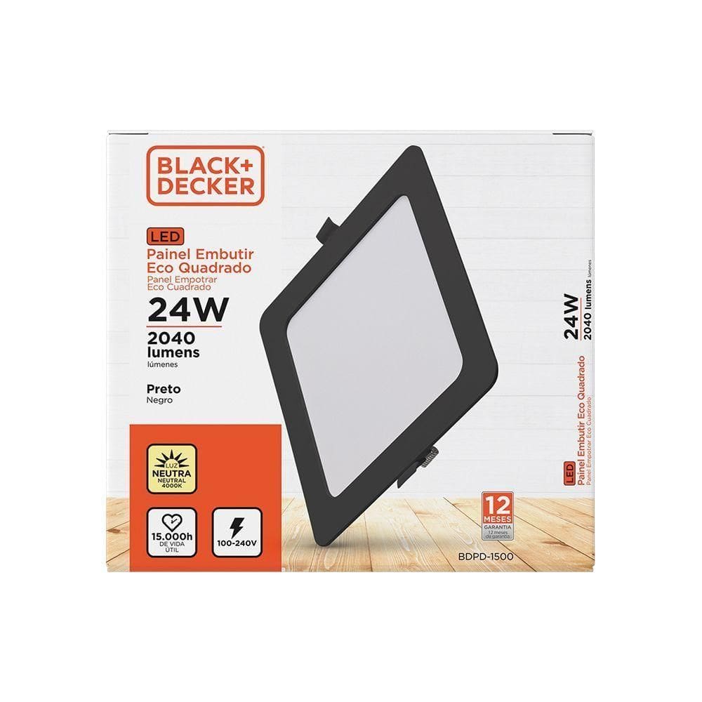 Painel Led Eco Quadrado Preto Biv 24w 4000k Black + Decker