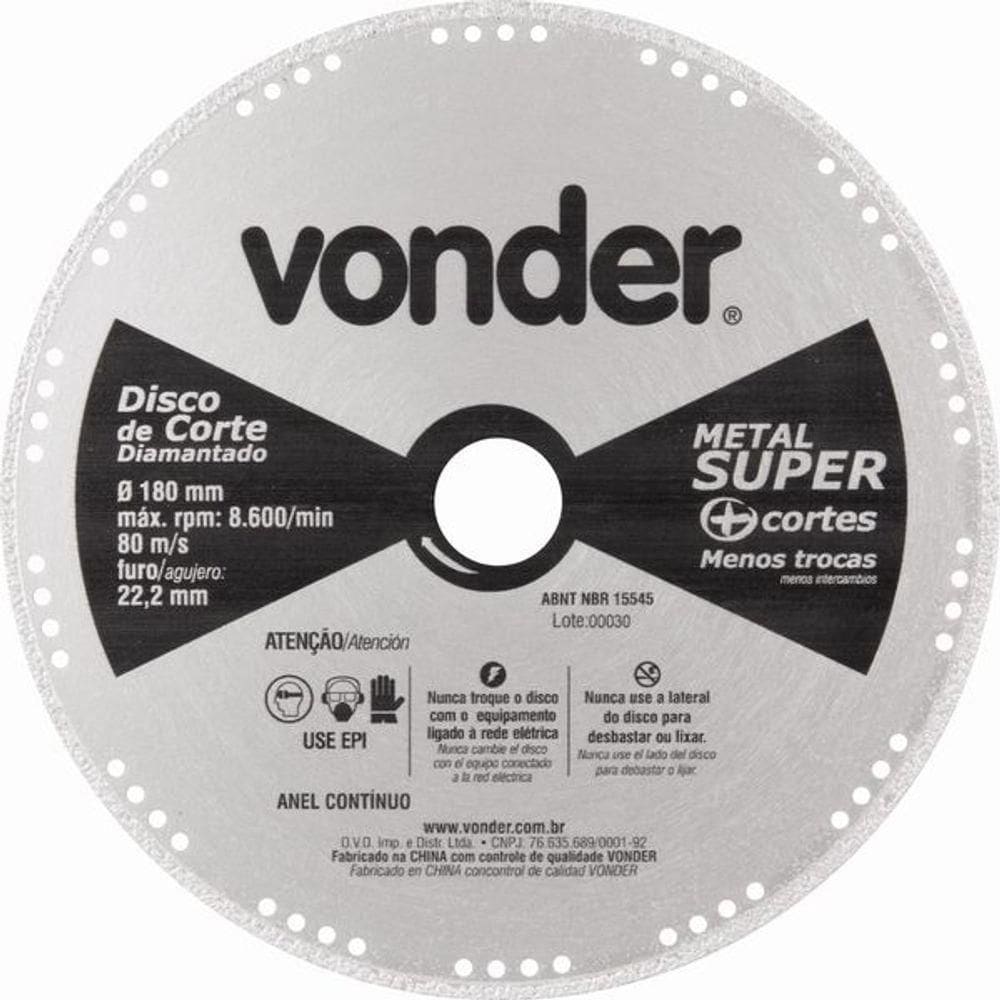 Disco Corte 180mm Diamantado Contínuo Metal Super Vonder