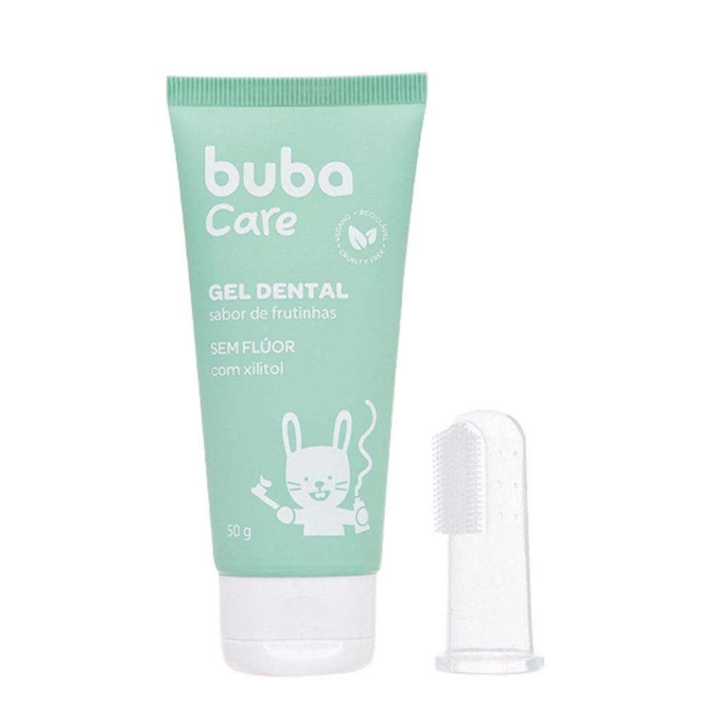 Gel Dental Sem Flúor 50g Sabor Fruta com Escova Massageadora Anticáries Vegano Infantil Buba