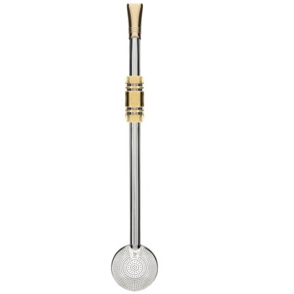 Bomba de Chimarrão Mil Furos 25cm Inox Anel Sextavado Com Rosca Bojo Banho de Ouro Escovinha