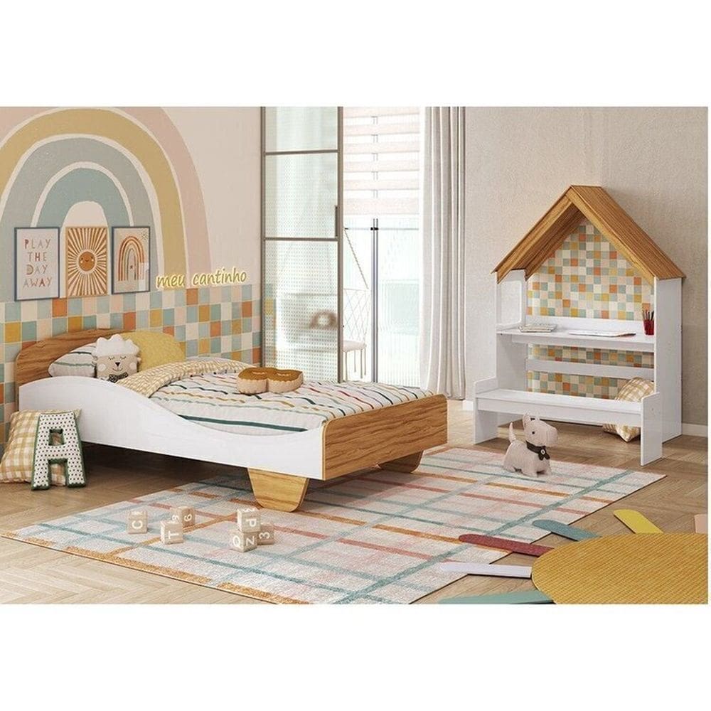 Quarto Infantil com Cama Mesa Casinha e Banco Olívia 100% MDF Espresso Móveis Branco Brilho/Amêndoa