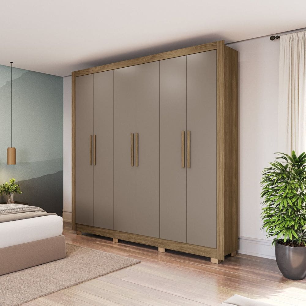 Guarda-roupa Casal 6 Portas Dormitório Open Nogueira/Cinza