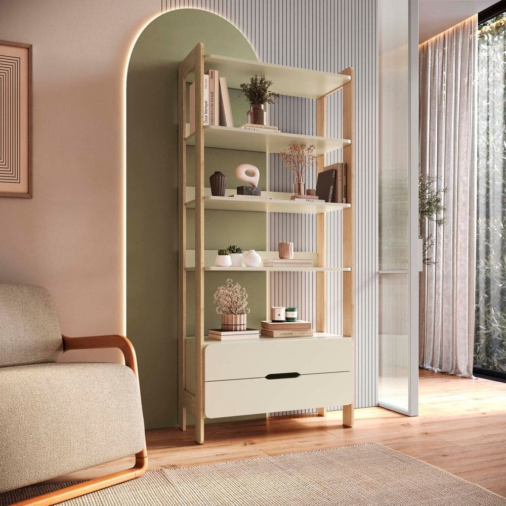Estante com 2 Gavetas 100% Mdf Elvis Off White / Carvalho
