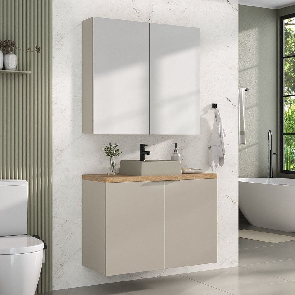 Conjunto de Banheiro com Cuba 90cm X 145cm Marrom Panna / Carvalho