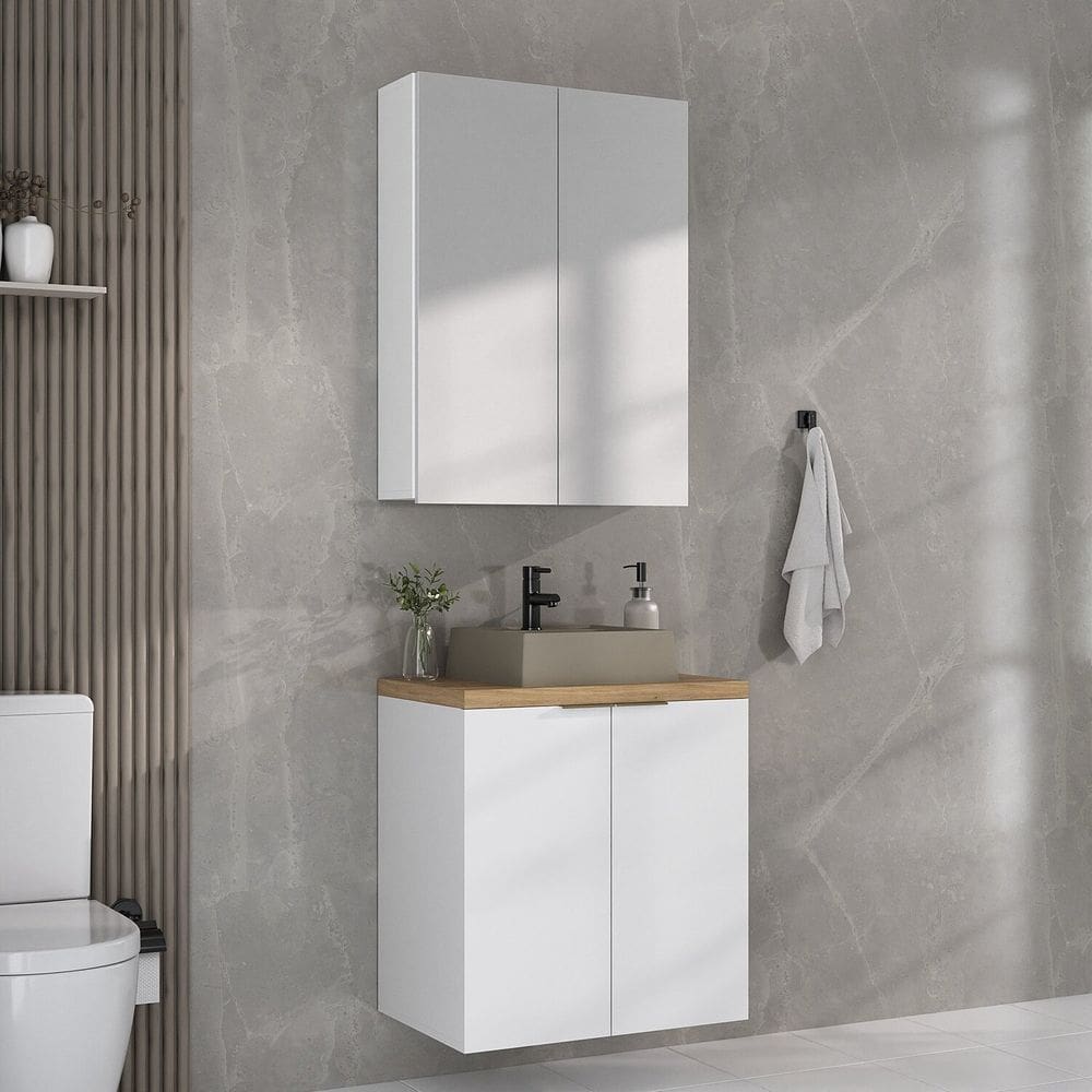 Conjunto de Banheiro com Cuba 60cm X 145cm Marrom Branco / Carvalho