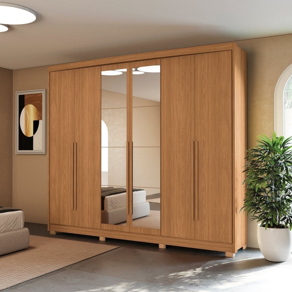 Guarda-roupa Casal 6 Portas com Espelho Dormitório Open Canela
