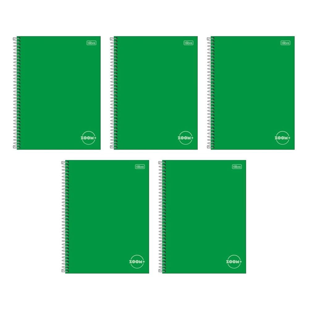 Kit com 5 Cadernos Universitário Espiral Tilibra com 96 Folhas Pautadas Zoom Verde Aula Escolar