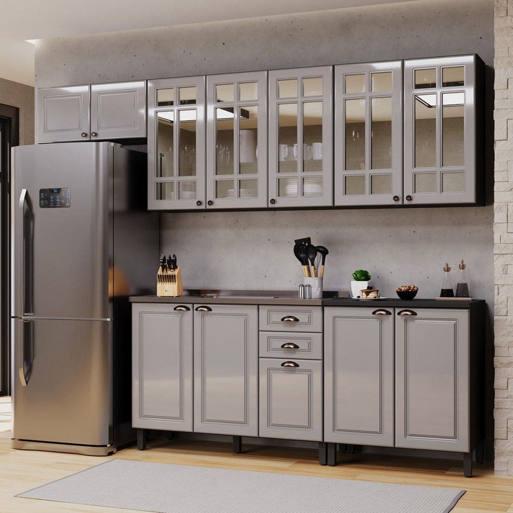 Cozinha Completa Firenze 12 Portas 2 Gavetas com Vidro 6171.166 Cinza/Titânio - Indékes