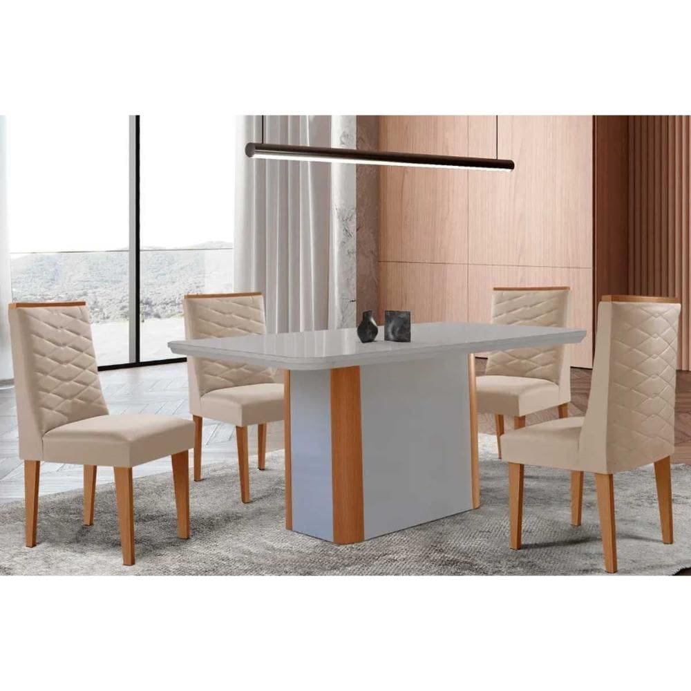 Conjunto Sala de Jantar Pietá c/ Tampo Madeirado c/ Vidro Canto Curvo 120x80cm e 4 Cadeiras Dafne Madeira Maciça Naturale/Off White - Capuccino/Suede