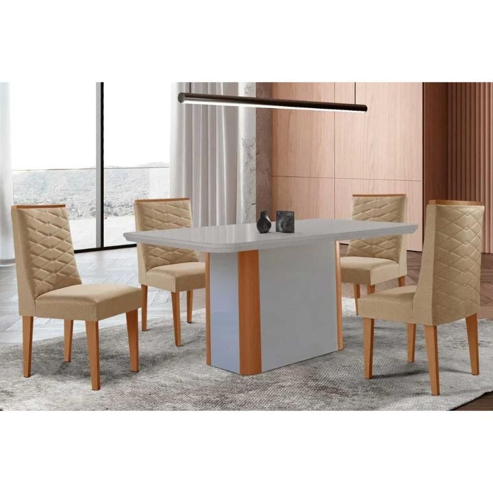 Conjunto Sala de Jantar Pietá c/ Tampo Madeirado c/ Vidro Canto Curvo 120x80cm e 4 Cadeiras Dafne Madeira Maciça Naturale/Off White - Capuccino/Linho