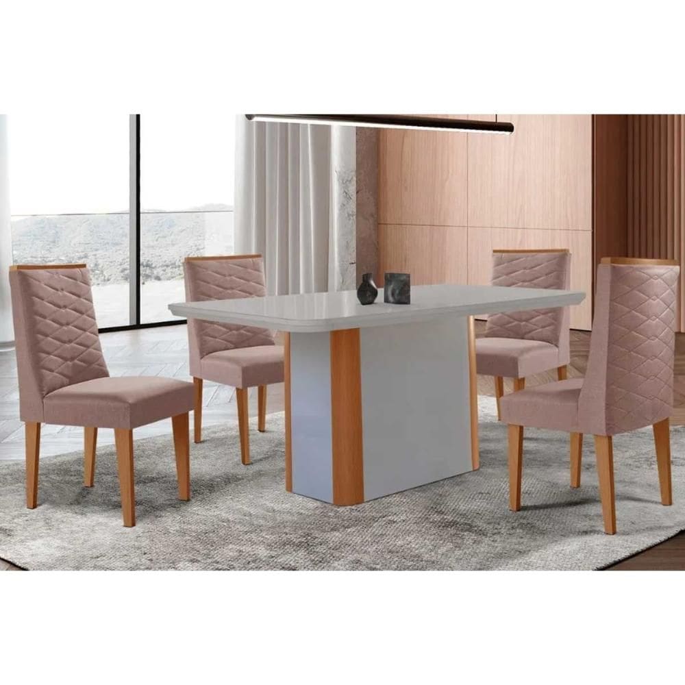 Conjunto Sala de Jantar Pietá c/ Tampo Madeirado c/ Vidro Canto Curvo 120x80cm e 4 Cadeiras Dafne Madeira Maciça Naturale/Off White - Capuccino/Linho