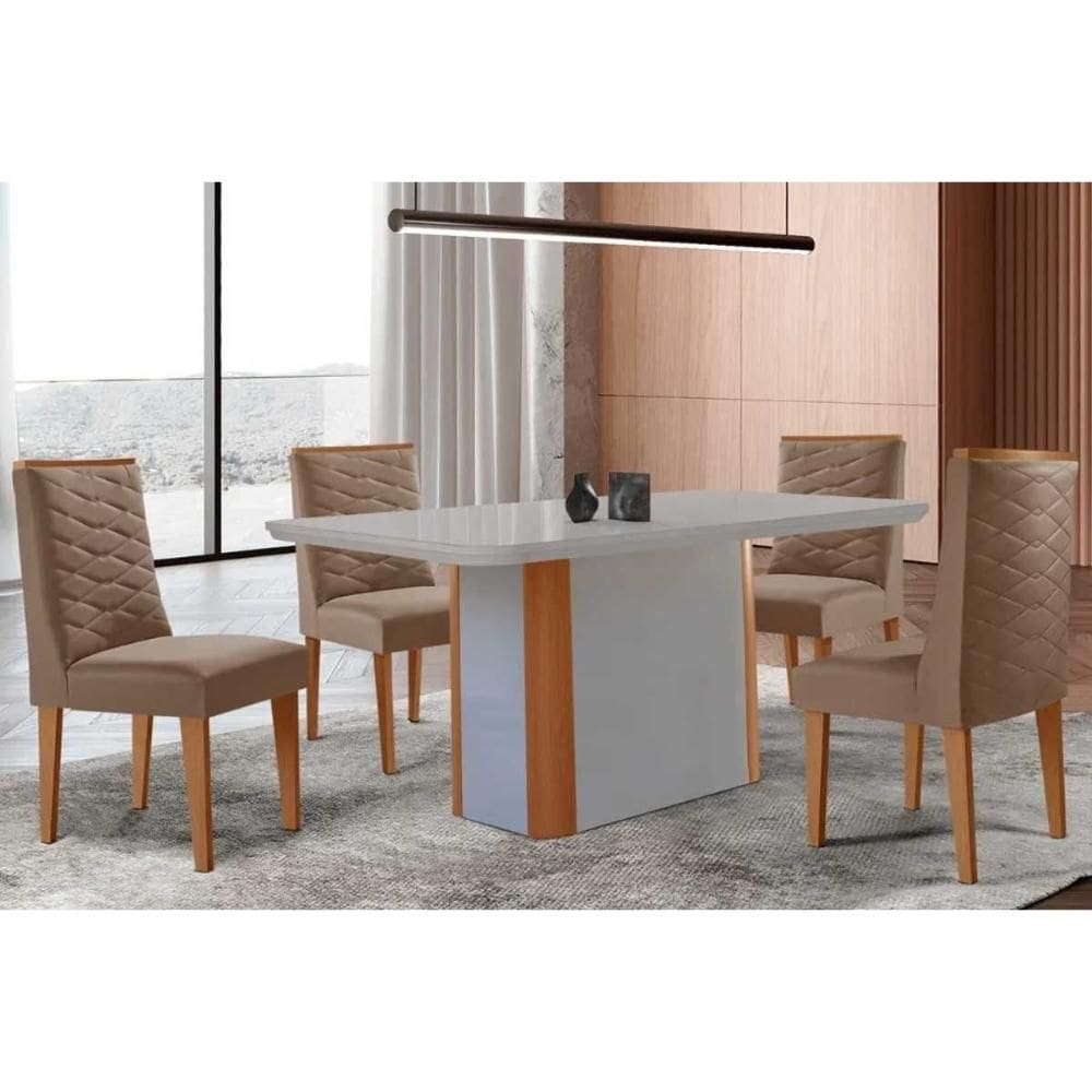 Conjunto Sala de Jantar Pietá c/ Tampo Madeirado c/ Vidro Canto Curvo 120x80cm e 4 Cadeiras Dafne Madeira Maciça Naturale/Off White - Capuccino/Suede