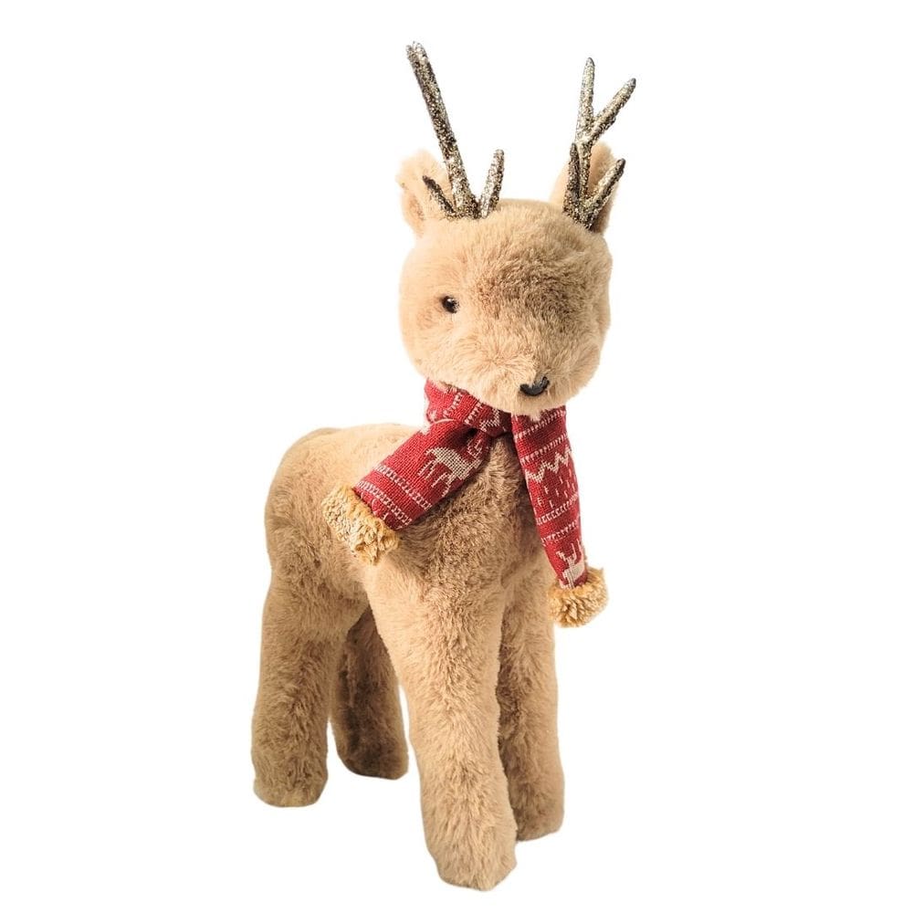 Rena Decorativa Natal Pelúcia Marrom Claro Cachecol Crochê Vermelho 40cm