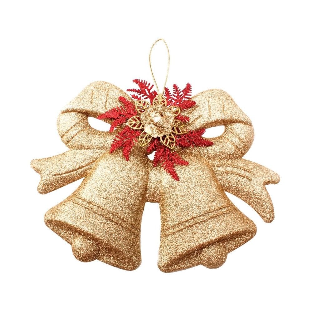 Sino Duplo Natalino Decorado Glitter Dourado, Flor Bico de Papagaio 28cm x 20cm - Magizi