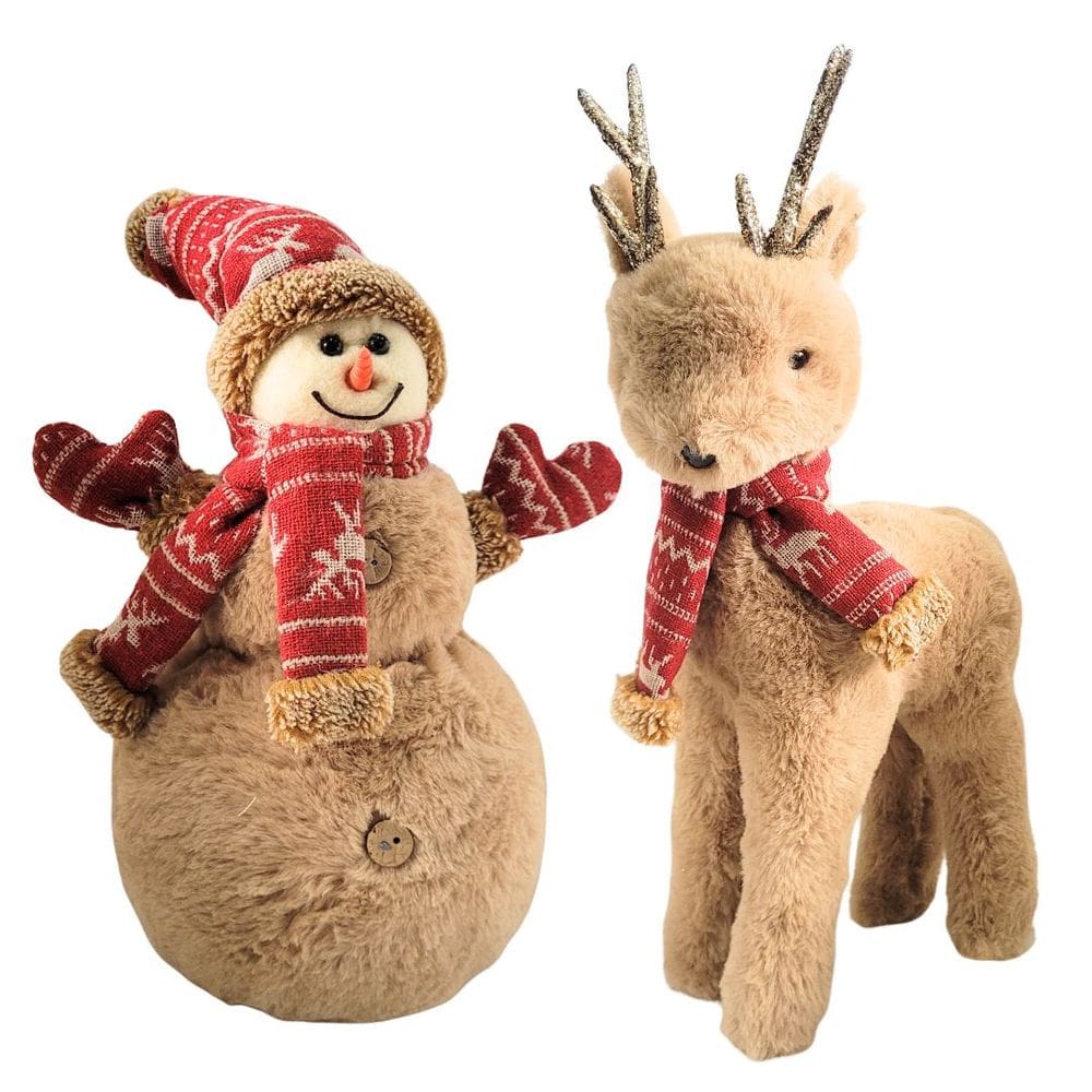 Jogo Rena e Boneco de Neve Decorativo Natal Pelúcia Gorro e Cachecol Crochê Vermelho 40cm e 30cm