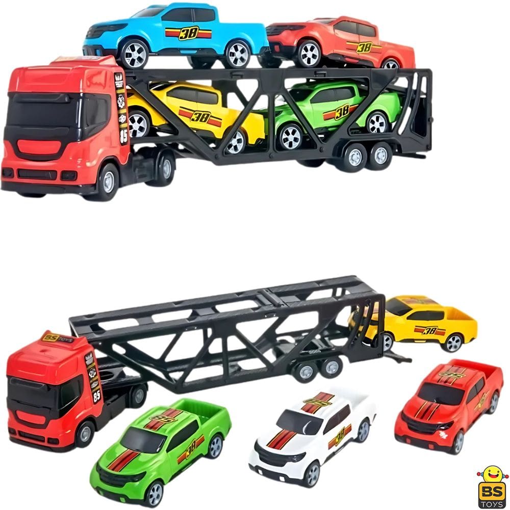 Mini Caminhão Truck Cegonheira 35 cm Com 4 Carrinhos Brinquedo - BS Toys
