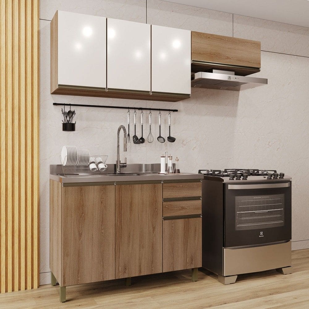 Cozinha Completa Dinamarca 7 Portas 2 Gavetas Castani/Off White - Indékes