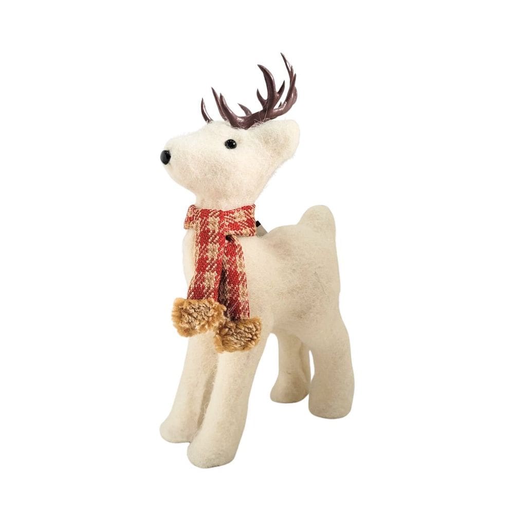 Rena Decorativa Natalina em Pé Pelúcia Creme com Cachecol Xadrez Vermelho e Marrom 24x12cm