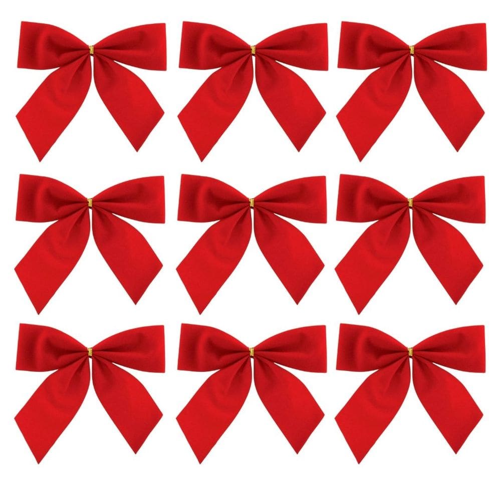 Conjunto 9 Laços Decorativo Natal Vermelho Camurça 9x10cm - Magizi