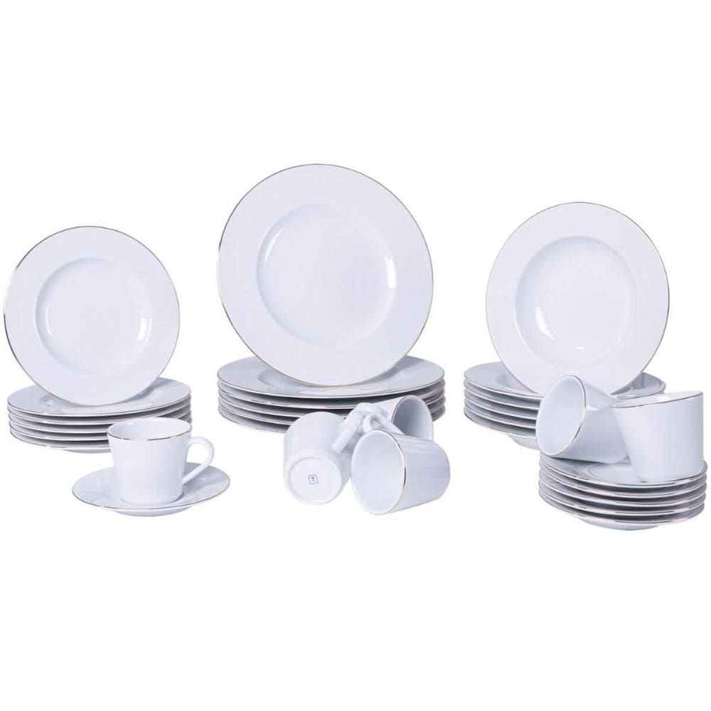 Aparelho de Jantar 30 Peças Tramontina Elisa Porcelana 6 Pessoas Mesa Posta Filete Dourado