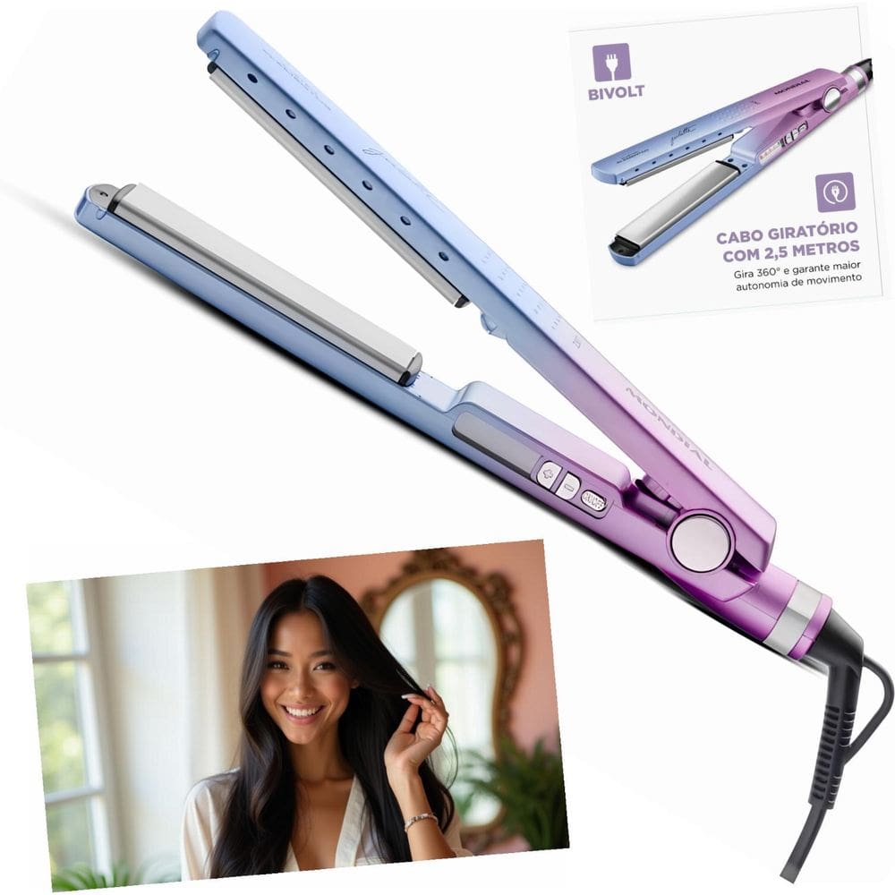 Prancha Alisadora Mondial P-JU-03 Cerâmica Titânio Tourmaline Nano Silver Bivolt 150°C a 230°C