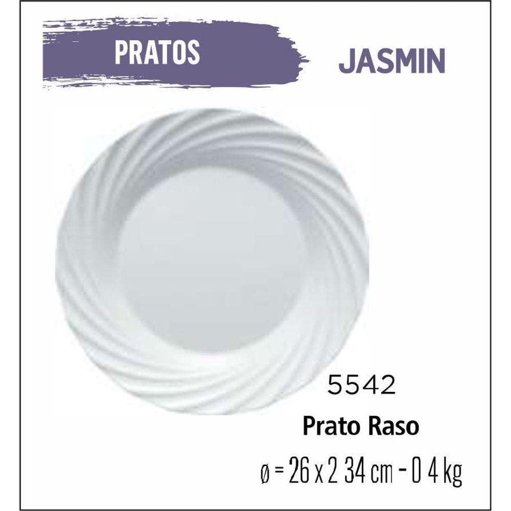 Jogo 06 Pratos Jasmin Raso Jantar - Almoço - 25Cm Branco