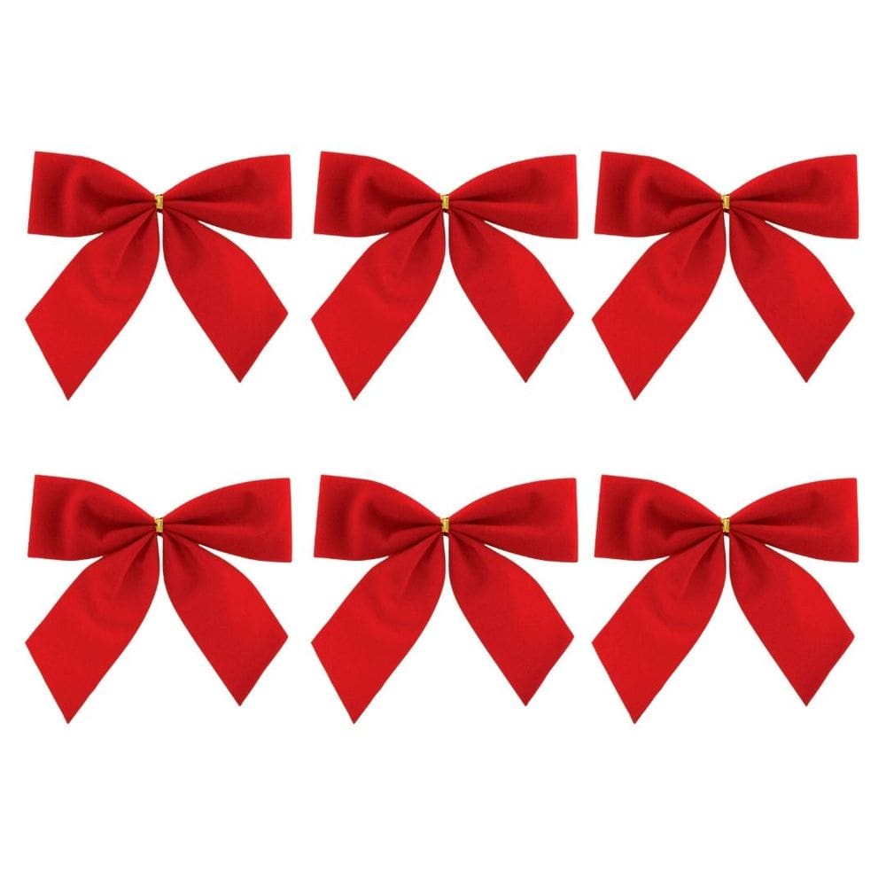 Conjunto 6 Laços Decorativo Natal Vermelho Camurça 9x10cm - Magizi