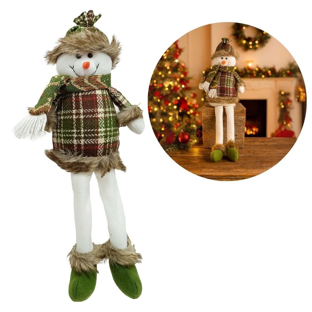 Boneco de Neve Decorativo Natal em Pelúcia Sentado Perna Mole Xadrez Verde e Branco Cachecol Crochê 40cm