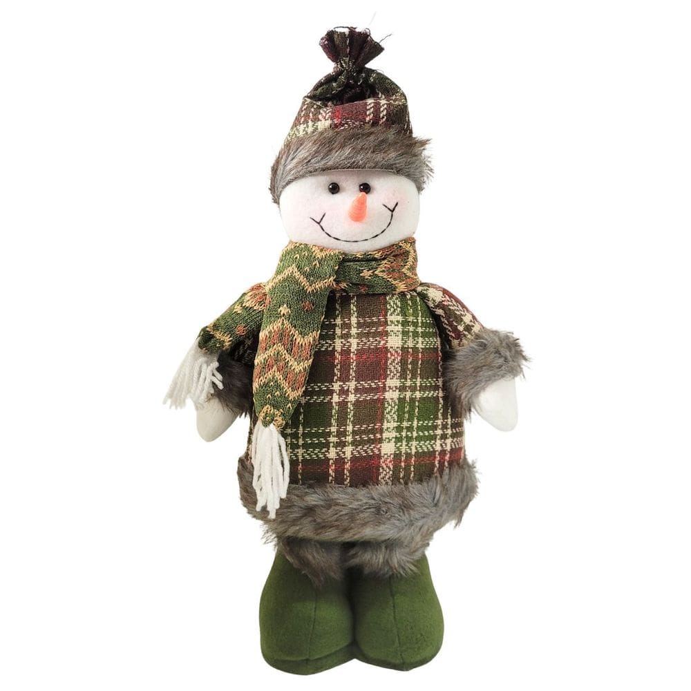 Boneco de Neve Decorativo Natal em Pé Pelúcia Xadrez Verde Premium Cachecol e Gorro Crochê 40cm