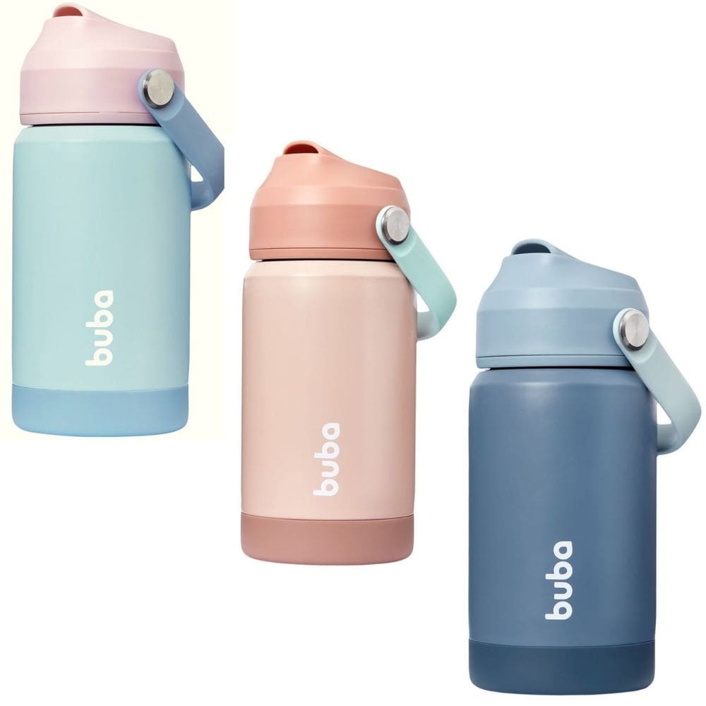 Copo Térmico 360ml Parede Dupla Inox com Canudo Alça Silicone Infantil 5 Horas Buba