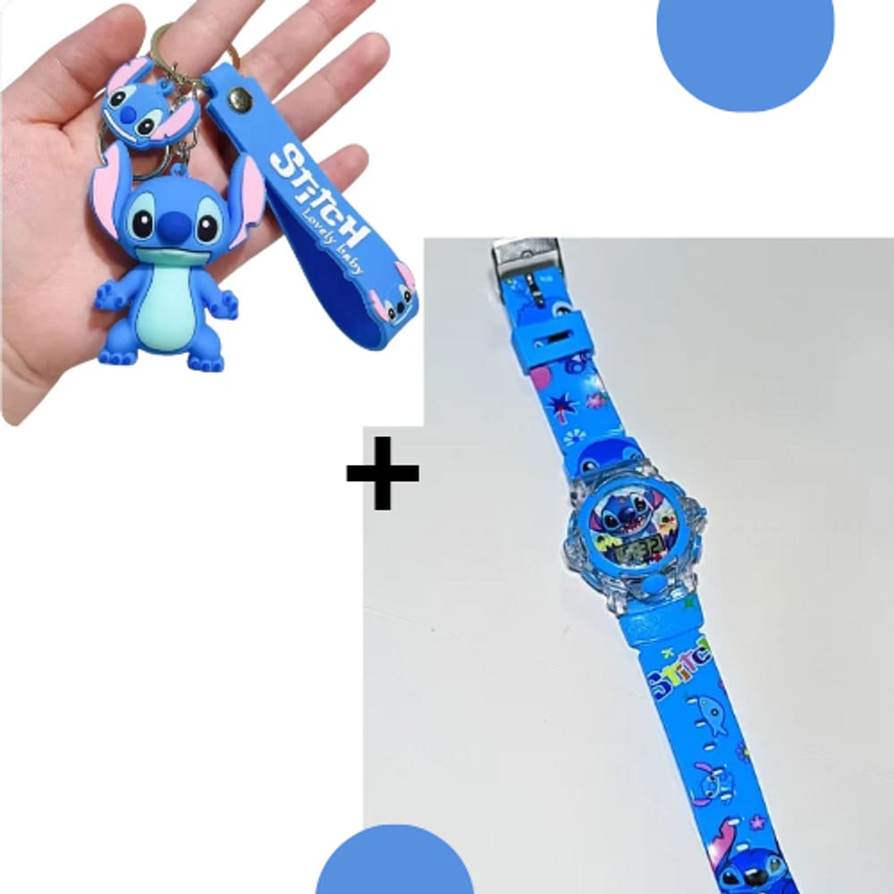 Kit Relógio Infantil Digital Led Disney Pisca Luz Toca musica + Chaveiro stitch Lilo Angel 3d Grande emborrachado